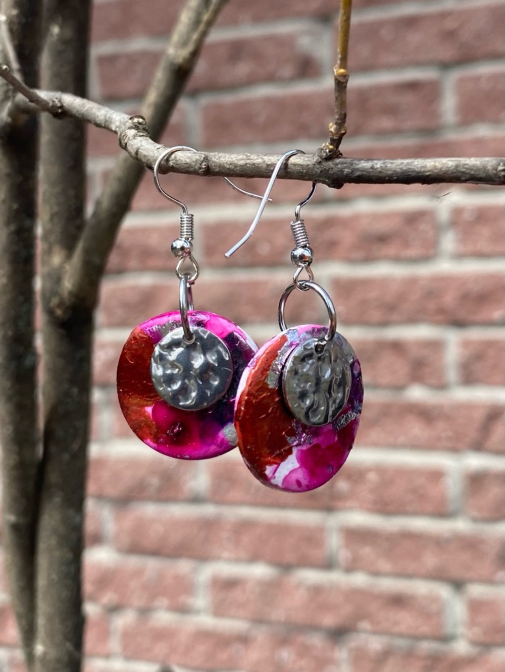 Handmade Pink & Orange Clay Disc Earrings with Silver Accent
